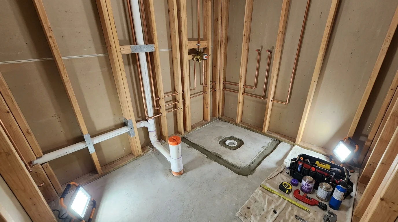 Bathroom rough-in plumbing during remodel by Johns Plumbing LLC in Fairdale