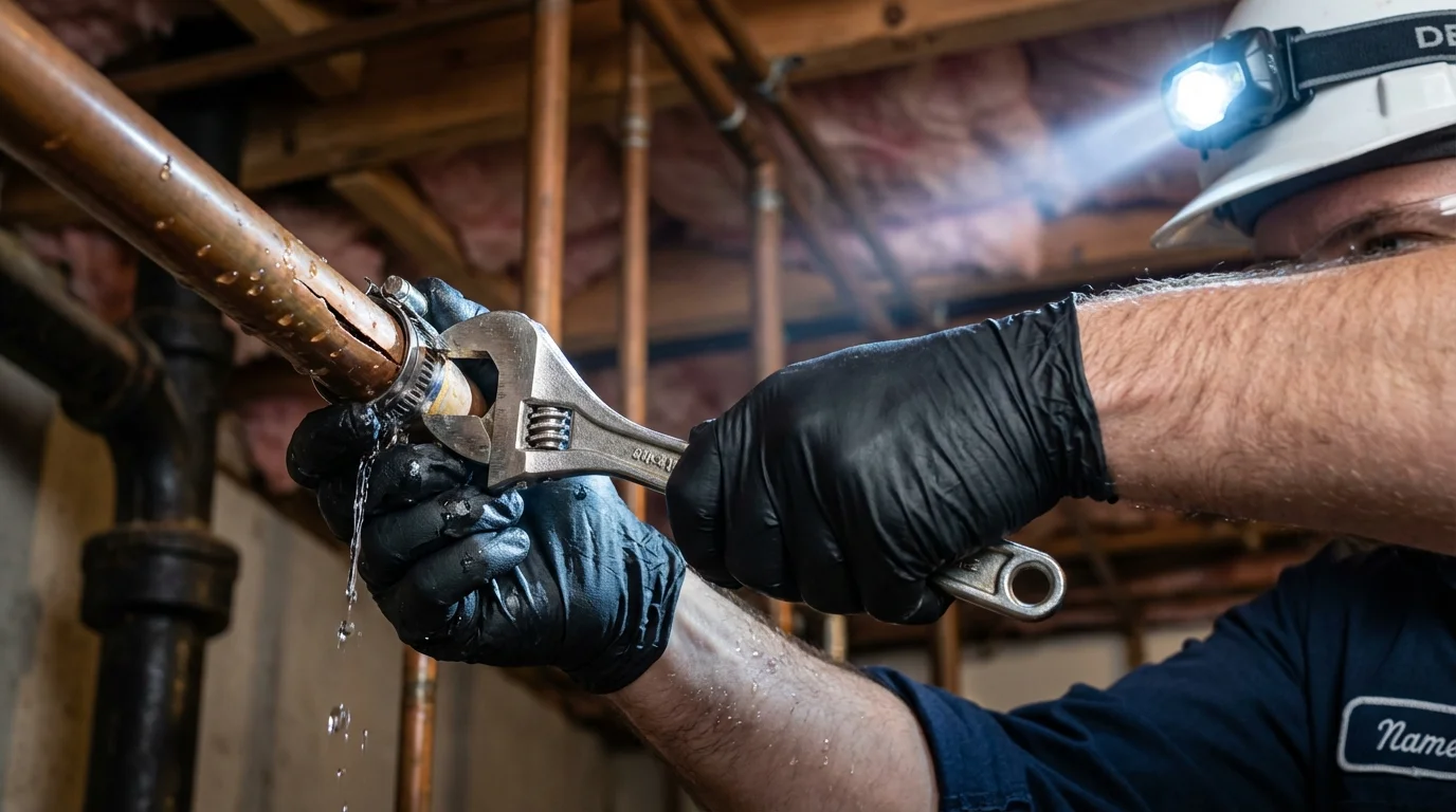Emergency pipe clamp repair being performed by a Johns Plumbing LLC plumber in Fairdale