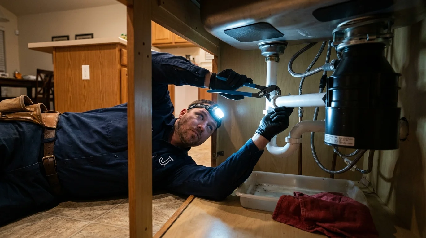 P-trap and supply line connections under a kitchen sink showing a common leak point in Fairdale, KY